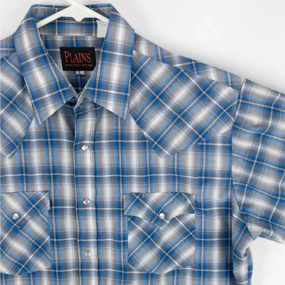 Plains Western Shirt Men's Large Short Sleeve Pearl Snaps Plaid White Blue - Picture 5 of 9